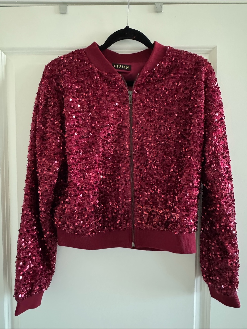 Sequin Bomber Jacket in Wine Red by